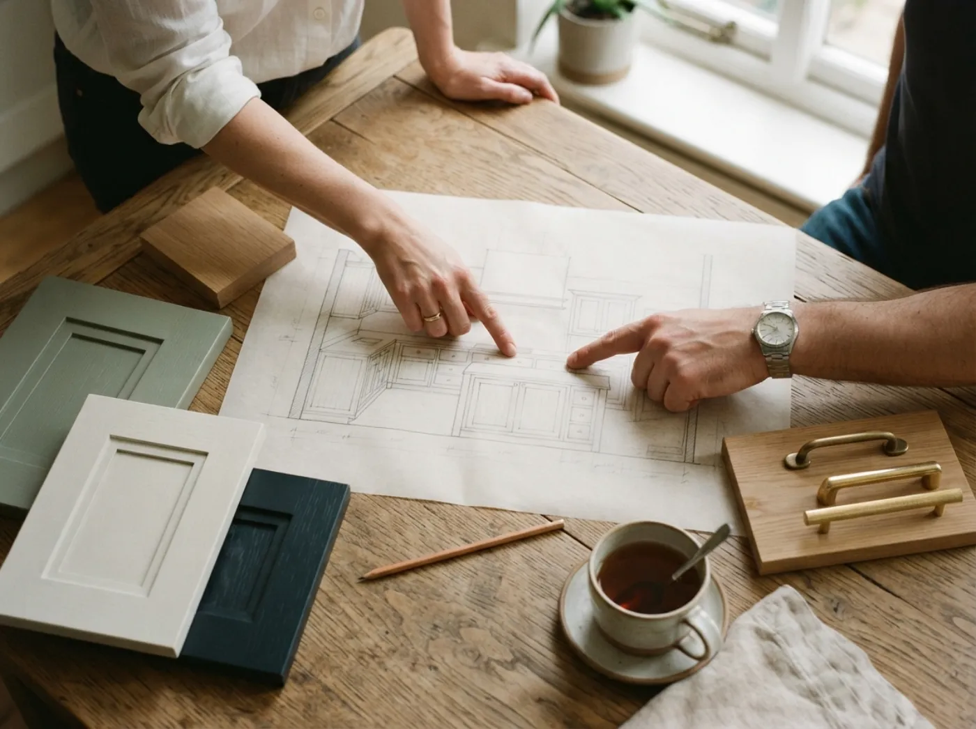 Kitchen drawings, painted door samples and brass handles on an oak table during a design visit