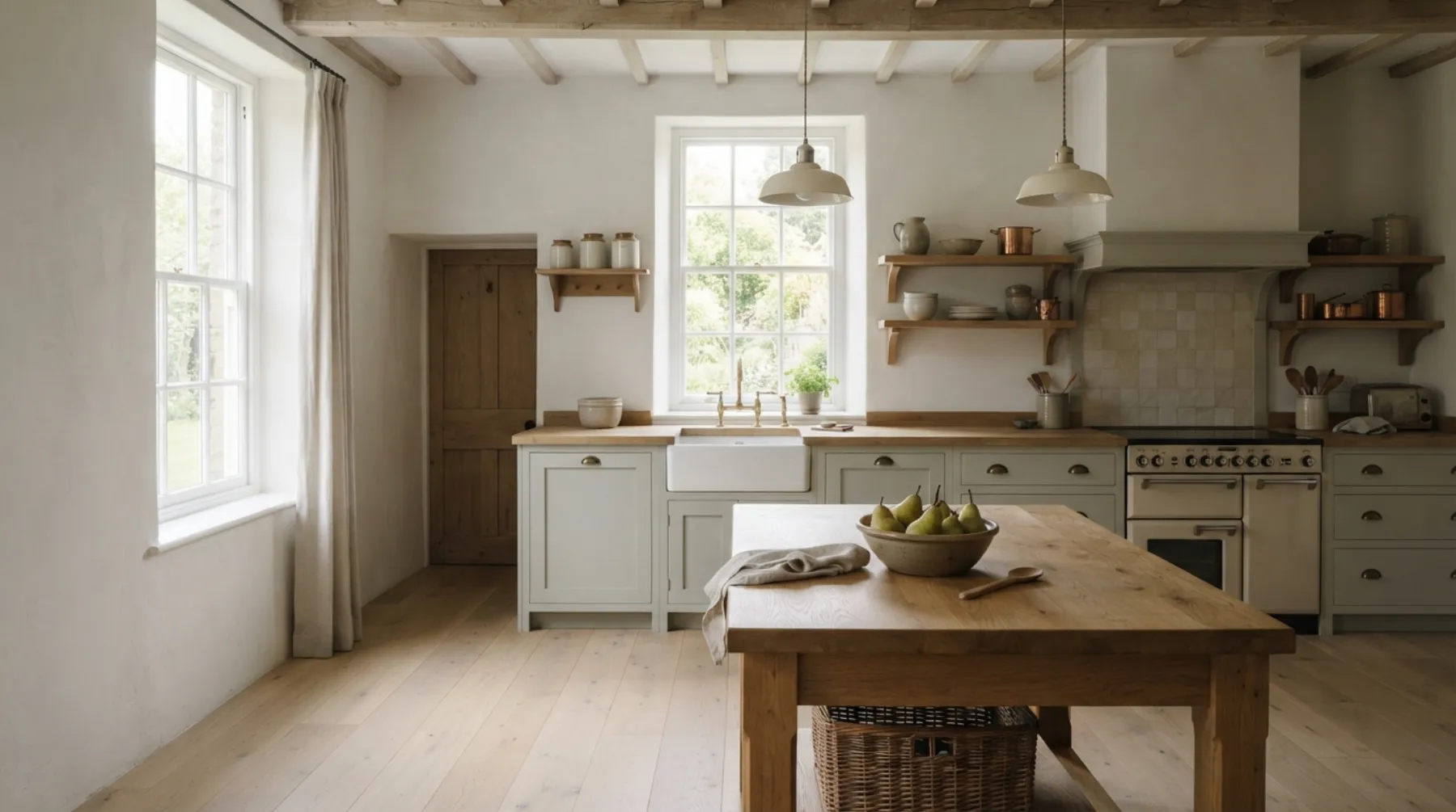 A sage-painted Shaker kitchen with an oak island, a butler sink under a sash window and two cream pendants